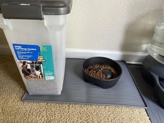 A grey silicone mat in the shape of a rectangle placed under a food bowl.