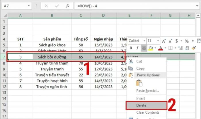 Nhấp chuột phải và chọn Delete Row để xóa hàng