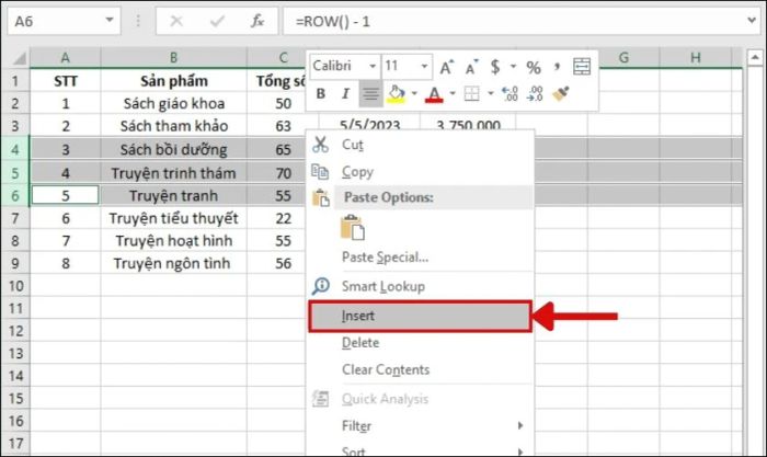 Nhấp chuột phải và chọn Insert để thêm dòng