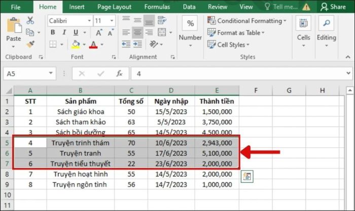 Xác định vị trí cần chèn thêm hàng trong Excel