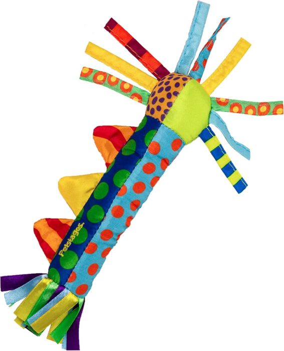 A vibrant, whimsical dog toy with assorted patterns, textures, and ribbon-like attachments, designed to captivate and entertain pets.