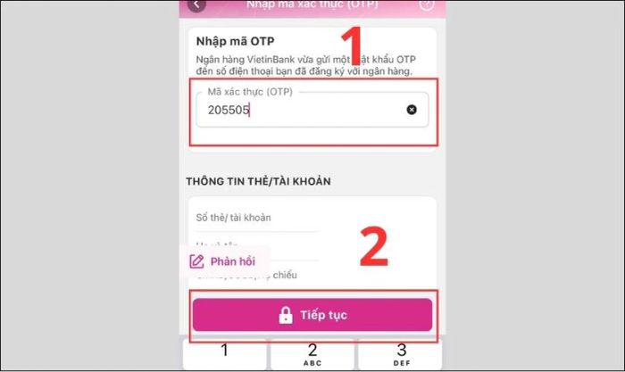 Nhập mã xác thực và chọn tiếp tục