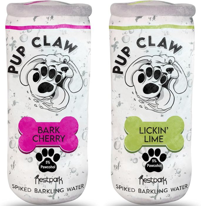 Two Pup Claw spiked sparkling water-themed dog toys: Bark Cherry and Lickin' Lime flavors.