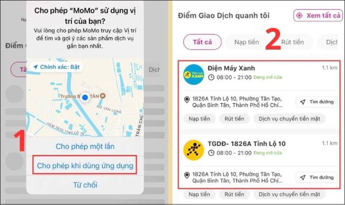 Bật quyền truy cập vị trí để tìm điểm nạp tiền gần bạn