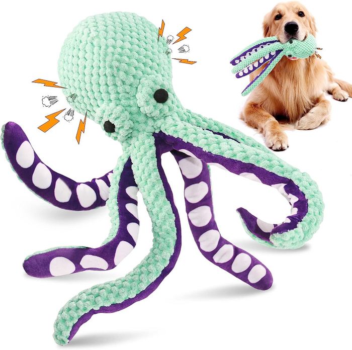 A plush octopus dog toy featuring eight legs, a squeaker inside, and a textured surface. Inset: A golden retriever holding the toy in its mouth.