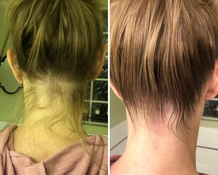 Reviewer with thin flyaway hairs around the nape of the neck before using the stick, and a polished look afterward