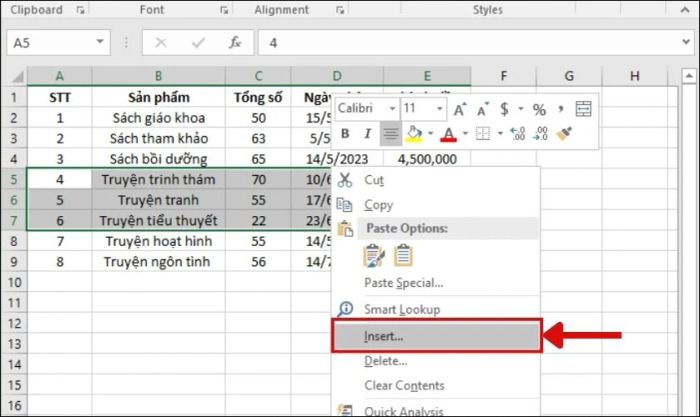 Hướng dẫn thêm hàng trong Excel bằng công cụ Insert
