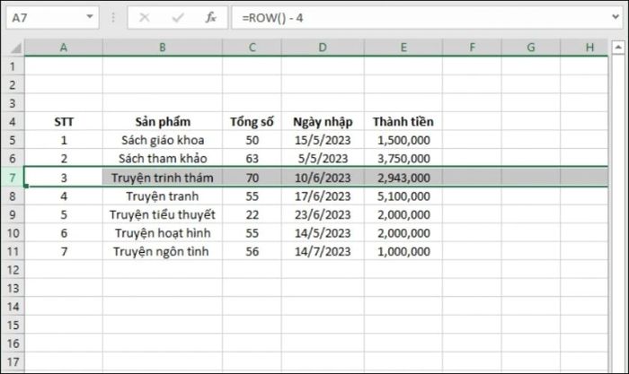 Kết quả sau khi xóa hàng mà không ảnh hưởng đến các hàng khác