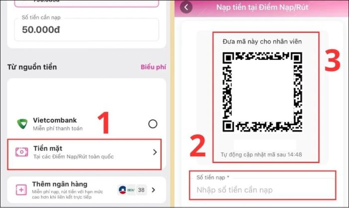 Nhập số tiền cần nạp và trình mã QR cho nhân viên