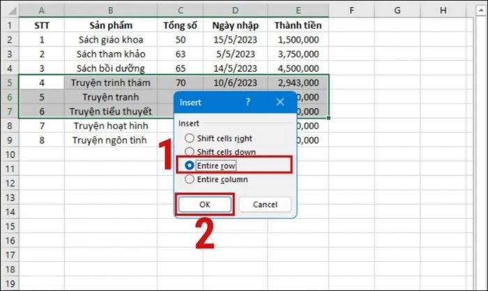 Chọn mục Entire Row để thêm hàng