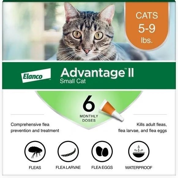 Product packaging for Advantage II Small Cat, designed for cats weighing 5-9 lbs. It provides 6 monthly doses and effectively targets fleas, flea larvae, and flea eggs while offering waterproof protection.
