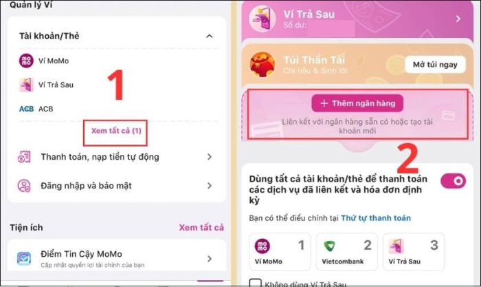 Chọn Thêm ngân hàng để kết nối với ví MoMo
