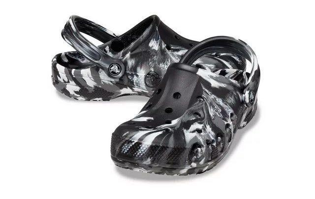 A pair of camouflage-patterned Crocs displayed on a white background, ready for purchase