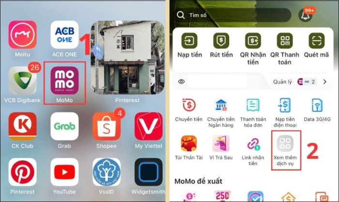 Mở ứng dụng MoMo, chọn mục Xem thêm dịch vụ để tìm tính năng Vay nhanh