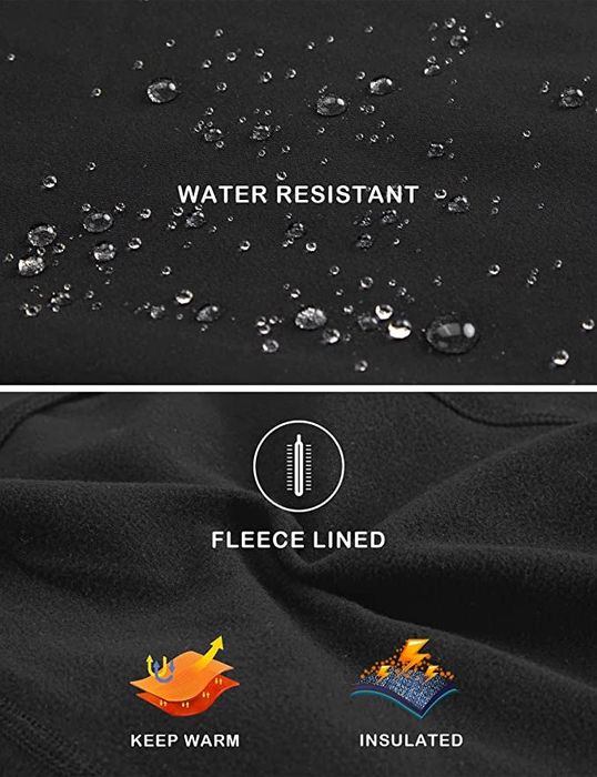 Image demonstrating the water-resistant exterior and fleece-lined interior of the leggings.
