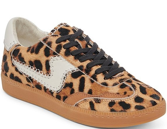 Leopard print sneakers with black laces and a tan sole, showcasing a white side design