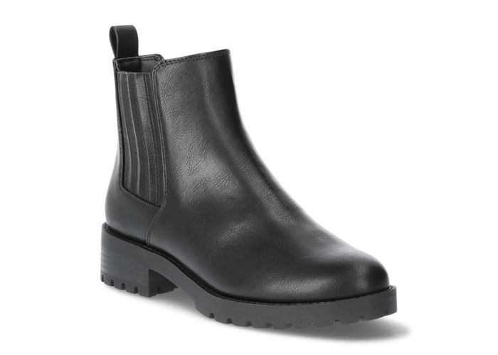 A sleek black leather Chelsea boot featuring elastic side panels and a sturdy chunky sole