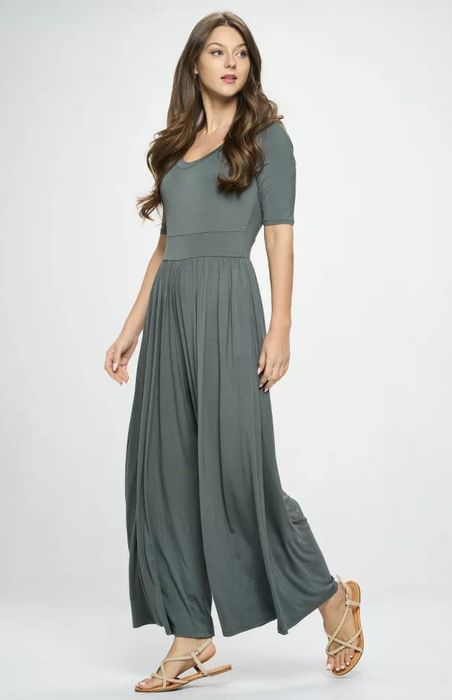 An olive-colored knit jumpsuit