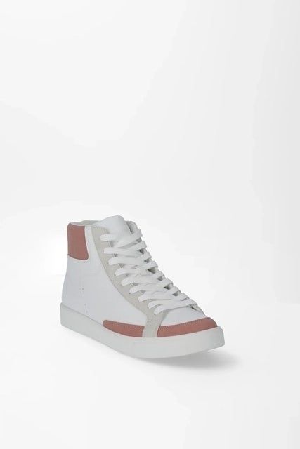 the sneaker in white, gray, and dusty rose