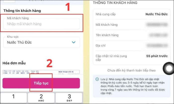Điền Mã khách hàng và nhấn Tiếp tục