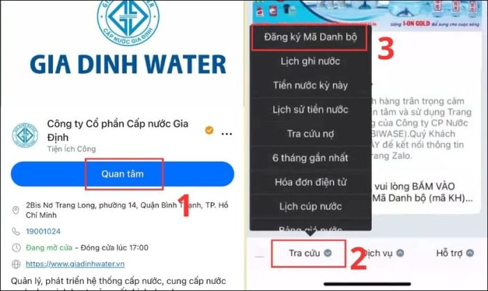 Nhấn Quan tâm, chọn Tra cứu và đăng ký Mã Danh bộ