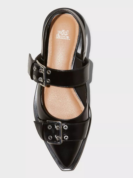 Black pointed-toe flats with double buckle straps from the Wild Babe brand