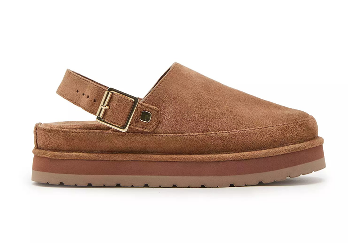 Suede clogs featuring a slingback strap and a thick sole, perfect for casual outfits, showcased in a shopping guide