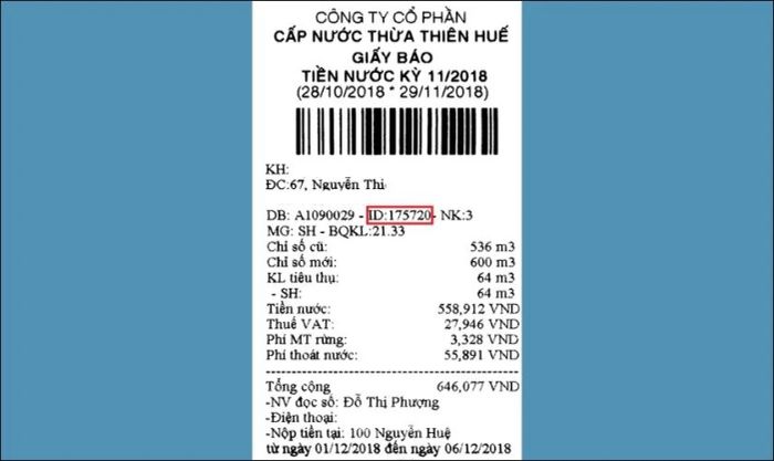 Kiểm tra tiền nước khi quên mã khách hàng bằng mã ID trên hóa đơn giấy