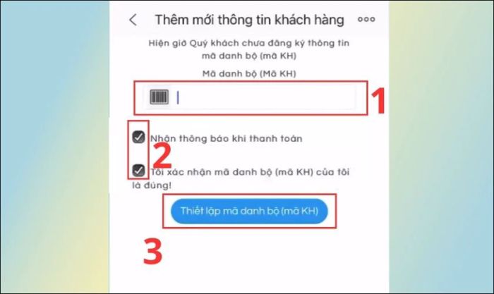 Điền mã khách hàng và nhấn Thiết lập mã danh bộ (mã KH)