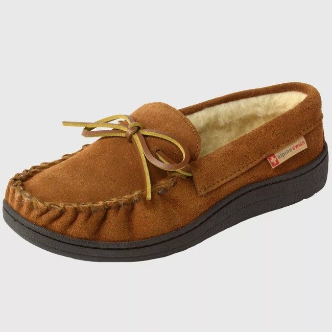 Brown suede moccasin slippers with sheepskin lining and a rubber sole.