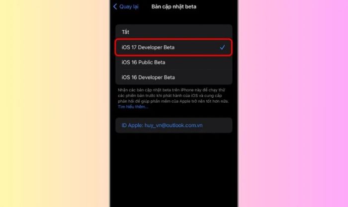 Chọn cập nhật iOS 17 Developer Beta