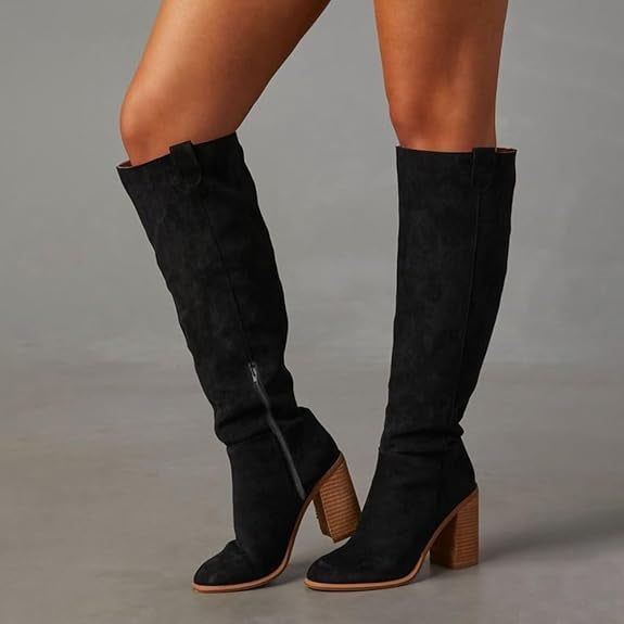 Black knee-high boots with block heels and side zippers