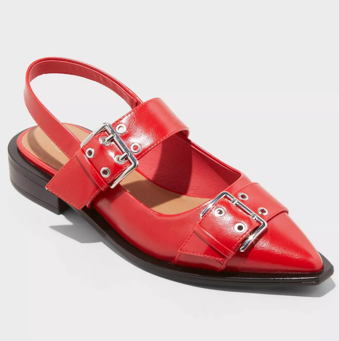 Red pointed slingback flats with silver buckles