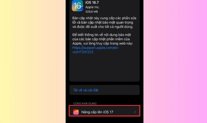 Nhấn vào mục nâng cấp iOS 17