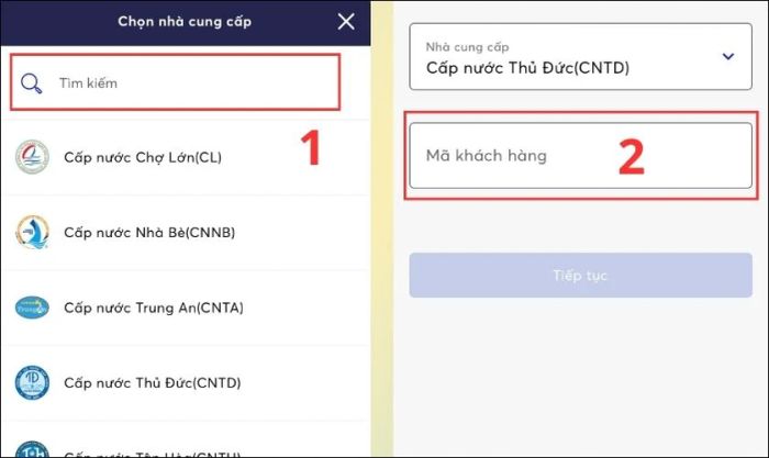 Nhập tên công ty cấp nước và điền Mã khách hàng