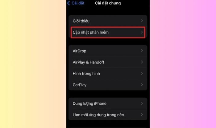 Nhấn vào phần Cập nhật phần mềm