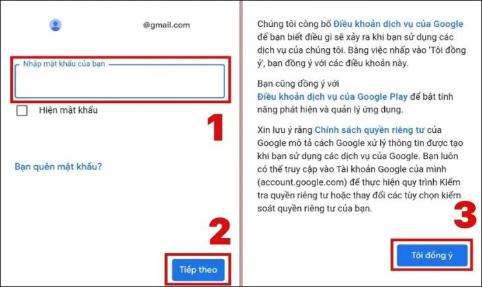 Nhập mật khẩu tài khoản Gmail và nhấn Tiếp theo