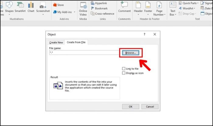 Chọn Browse để mở thư mục và tìm file PDF cần chèn vào Word