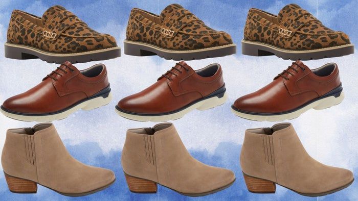 Examples include a lug sole loafer, a pair of men’s derby dress shoes, and a leather ankle boot with a special treatment to withstand water.