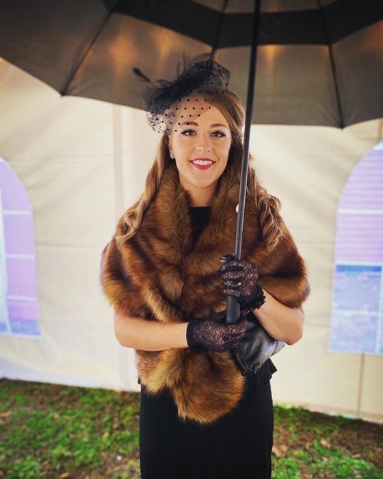 Reviewer showcasing a brown faux fur wrap