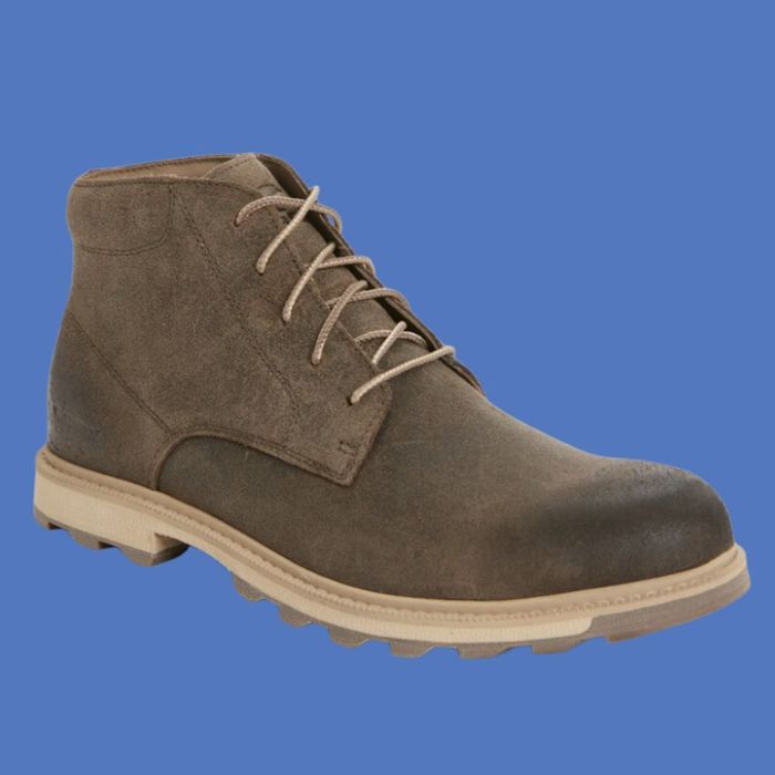 A dark brown, lace-up men's boot with a rugged sole is shown against a simple background. This image is part of a shopping feature.