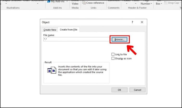 Chọn vào Browse để duyệt tệp PDF cần chèn