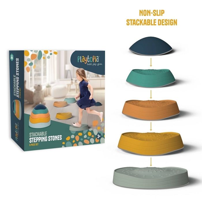 A box of stackable stepping stones featuring a child at play. These non-slip stones are designed for kids aged 3 and older