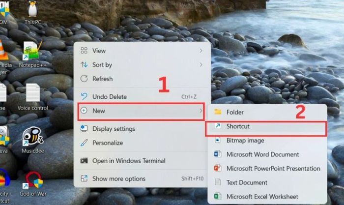 Nhấn chuột phải trên màn hình Desktop và chọn tạo Shortcut