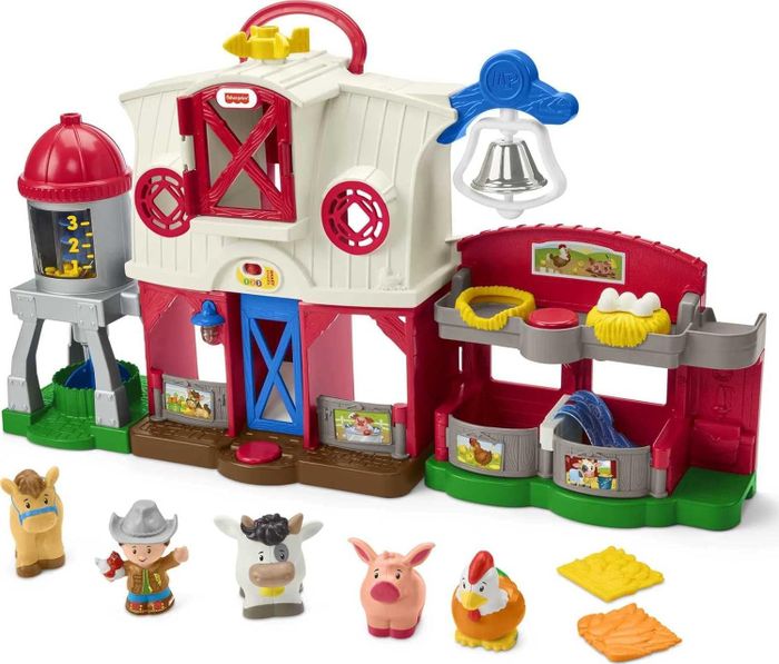 A children’s farm playset complete with a barn, silo, bell, and barnyard animals like a horse, cow, pig, chicken, along with a farmer figure. Perfect for imaginative play.