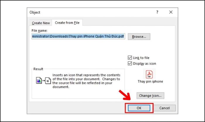 Nhấn OK để chèn tệp PDF vào Word dưới dạng liên kết