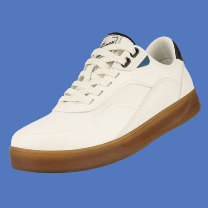 A white sneaker featuring a brown sole from FitVille, set against a simple background.