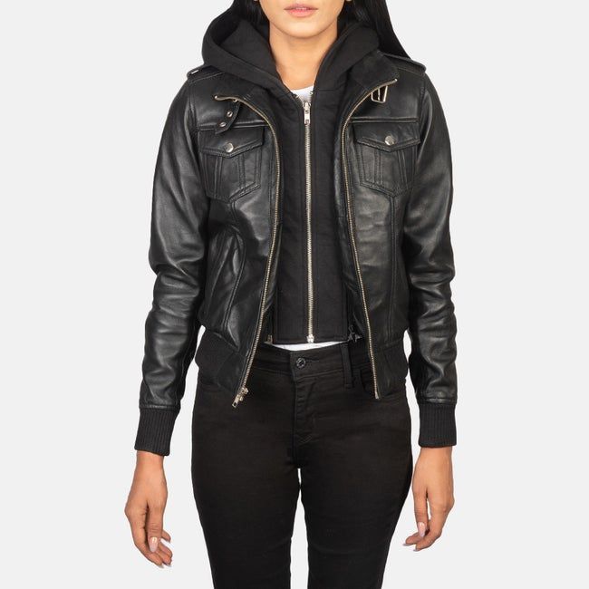 model showcasing the black leather bomber jacket