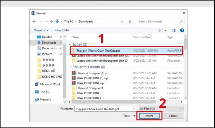 Chọn file PDF muốn chèn vào Word và nhấn Insert