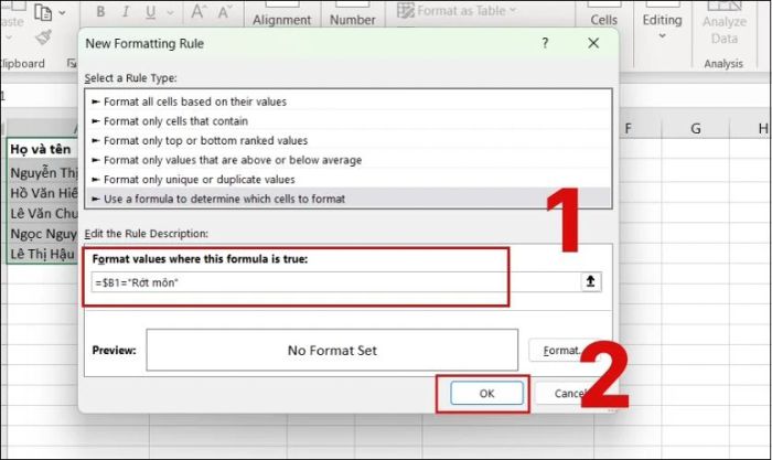 Cách nhập điều kiện để gạch ngang chữ trong Excel dựa trên nội dung của ô trong bảng tính.